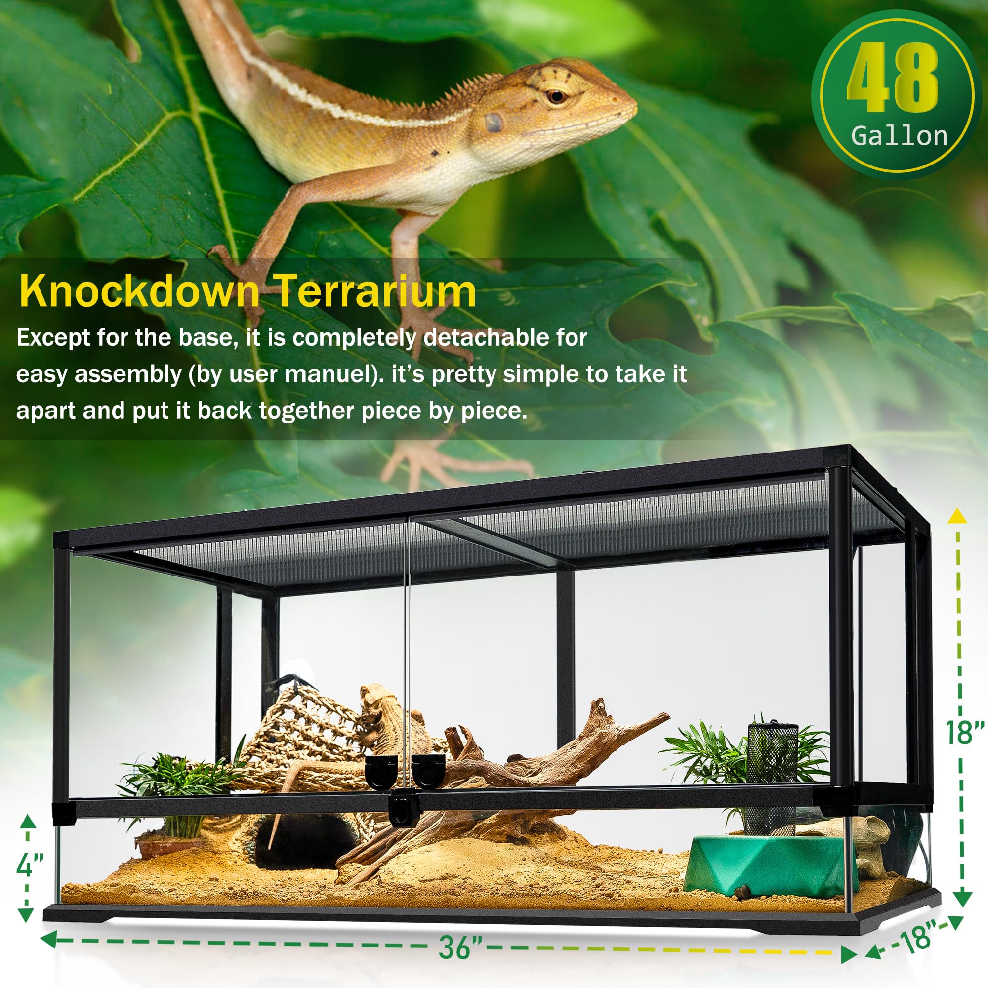 Neptonion 48 Gallon Professional Glass Terrarium 36''X18''X18'' Durable Reptile Habitat Tank With Heat Resistant Aluminum Alloy
